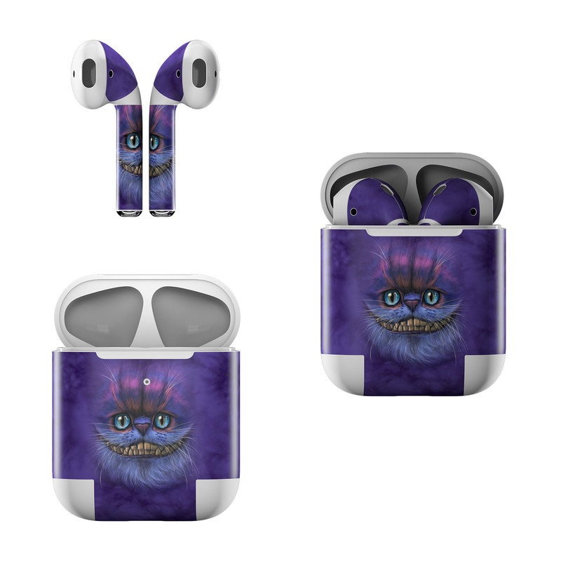 Apple AirPods Skin design of Cat, Whiskers, Felidae, Small to medium-sized cats, Snout, Eye, Illustration, Ojos azules, Black cat, Carnivore with purple, blue colors