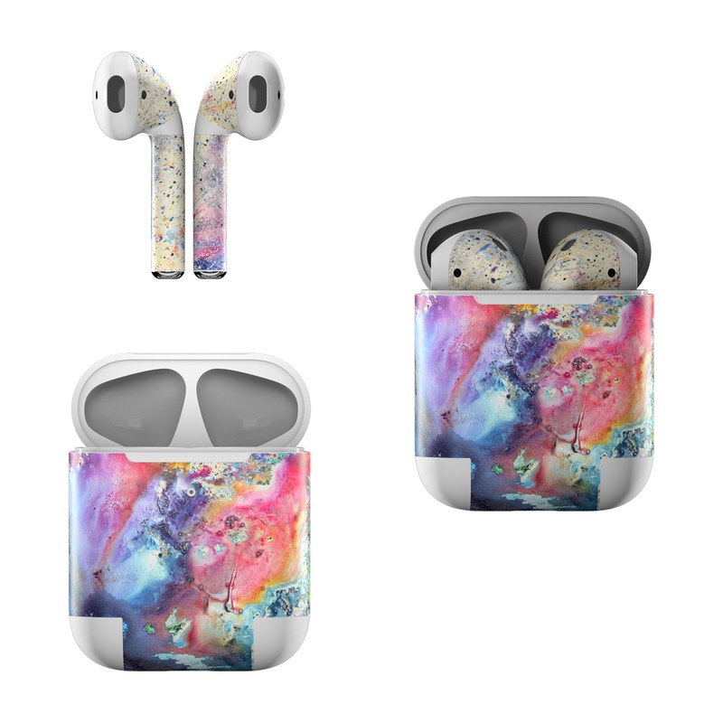 Apple AirPods Skin design of Watercolor paint, Painting, Acrylic paint, Art, Modern art, Paint, Visual arts, Space, Colorfulness, Illustration, with gray, black, blue, red, pink colors