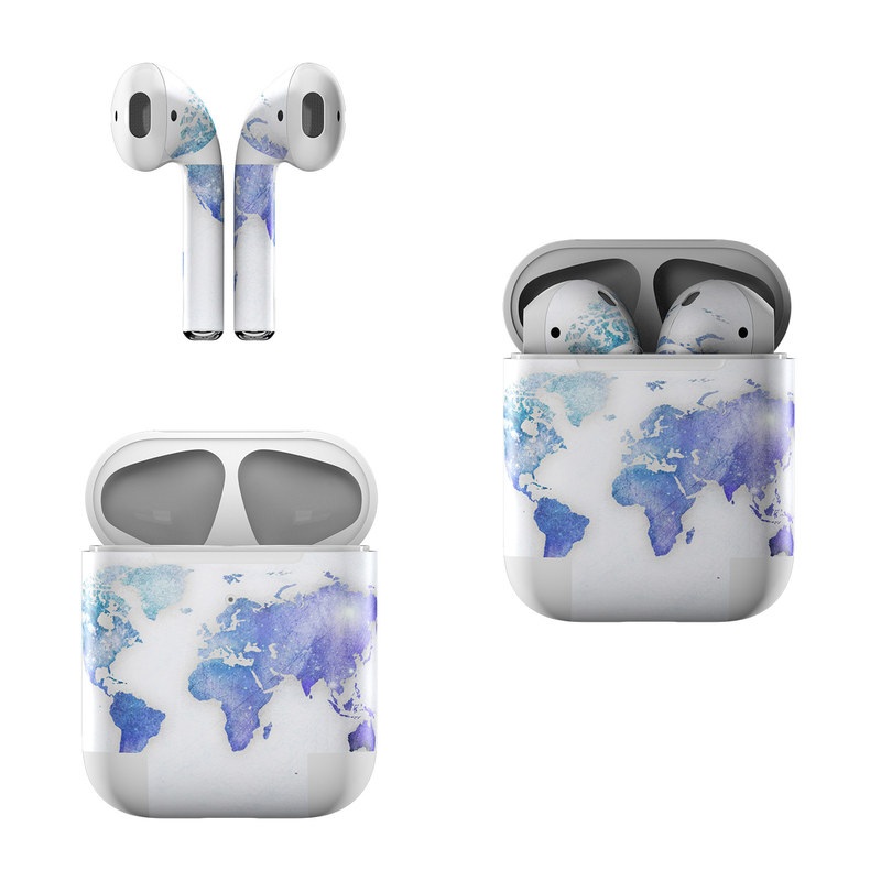 Apple AirPods Skin design of World, Map, Watercolor paint, Illustration, with white, blue, purple colors