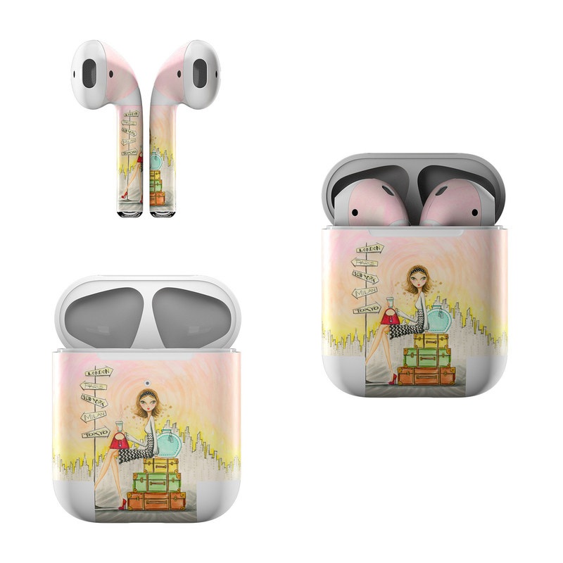 Apple AirPods Skin design of Cartoon, Illustration, Art, Watercolor paint with gray, pink, green, red, black colors