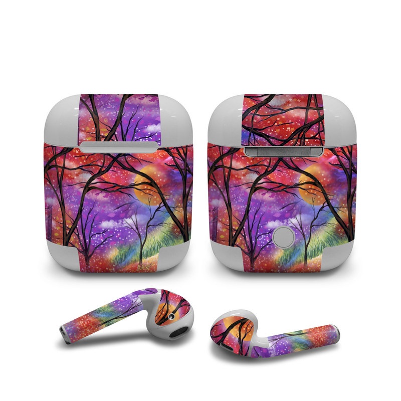 Apple AirPods Skin design of Nature, Tree, Natural landscape, Painting, Watercolor paint, Branch, Acrylic paint, Purple, Modern art, Leaf, with red, purple, black, gray, green, blue colors