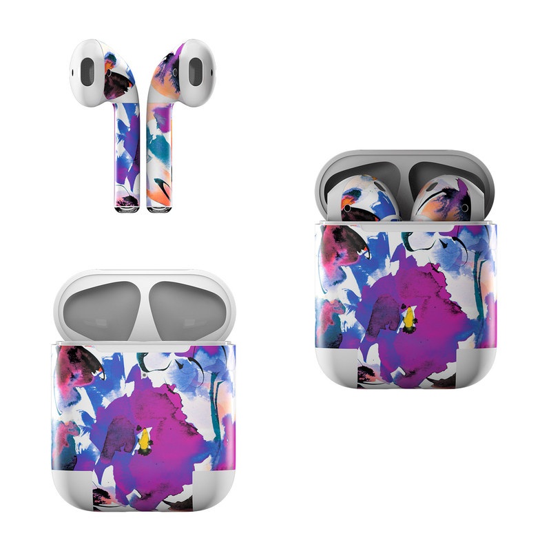 Apple AirPods Skin design of Product, Purple, Illustration, Graphic design, Plant, Clip art, Flower, Graphics, Wildflower, Watercolor paint, with white, purple, pink, yellow, blue, black colors