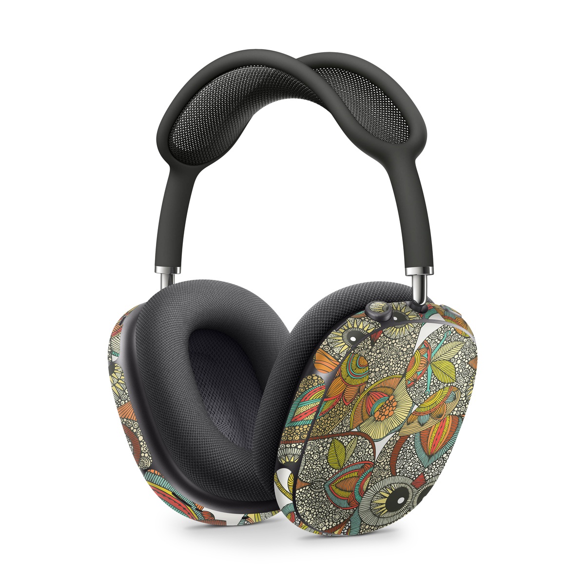 Apple AirPods Max Skin design of Owl, Pattern, Visual arts, Art, Design, Textile, Illustration, Motif, Bird, with white, green, orange, yellow, blue, red colors