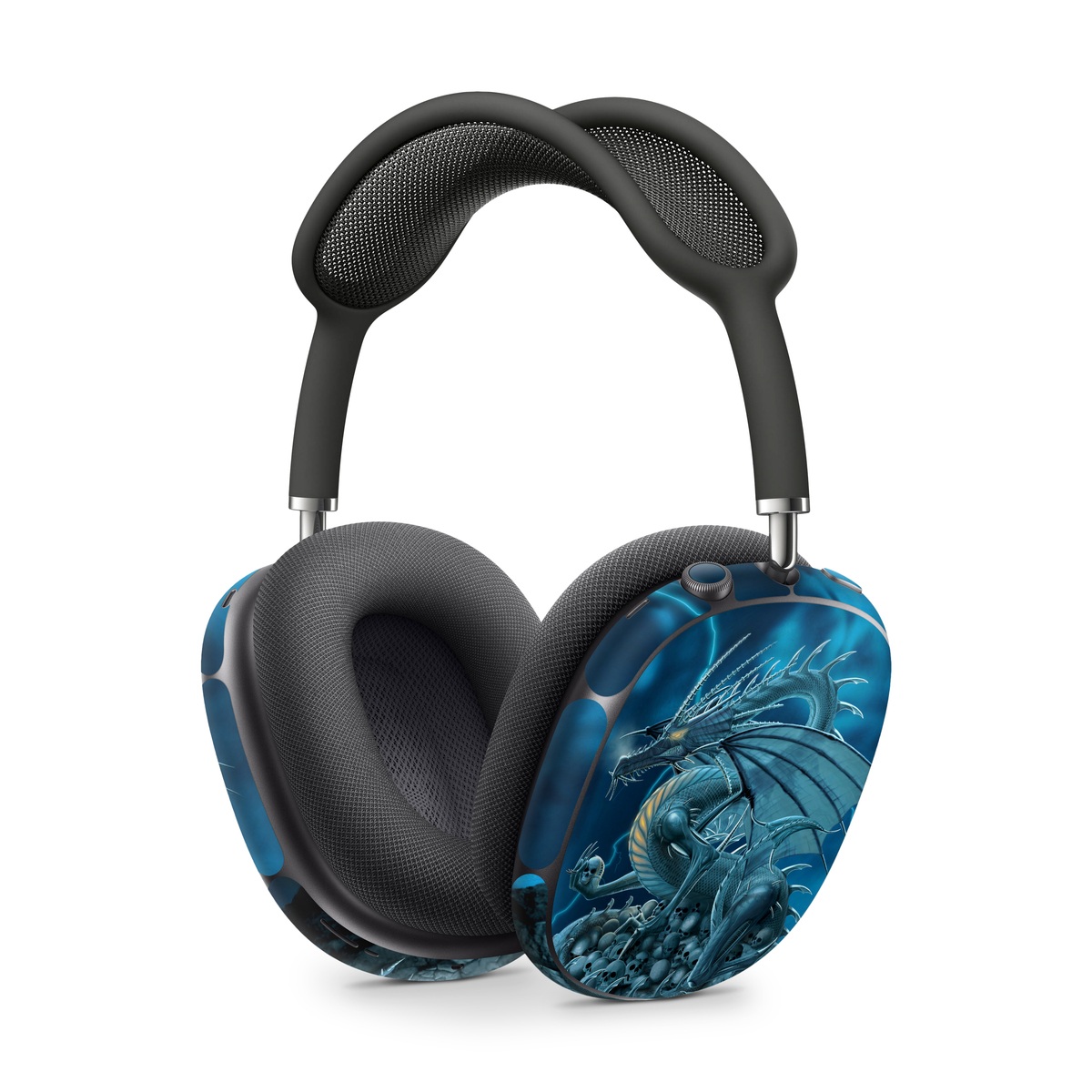 Apple AirPods Max Skin design of Cg artwork, Dragon, Mythology, Fictional character, Illustration, Mythical creature, Art, Demon, with blue, yellow colors