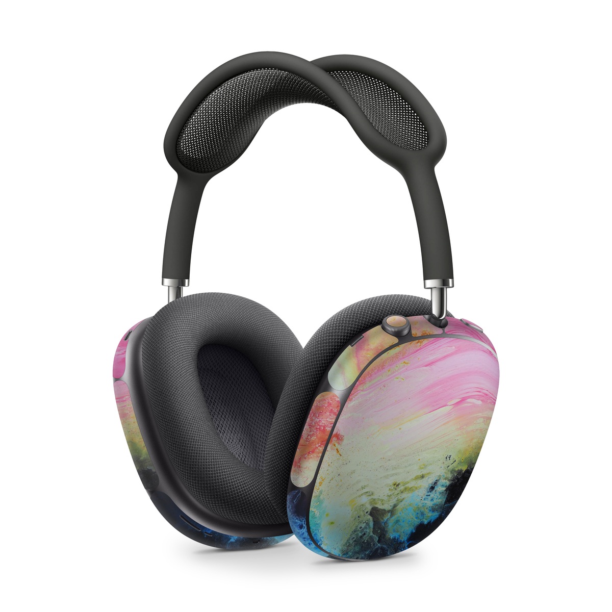 Apple AirPods Max Skin design of Painting, Modern art, Acrylic paint, Art, Pink, Watercolor paint, Visual arts, Paint, Artwork, Magenta, with pink, yellow, orange, blue, black, red colors