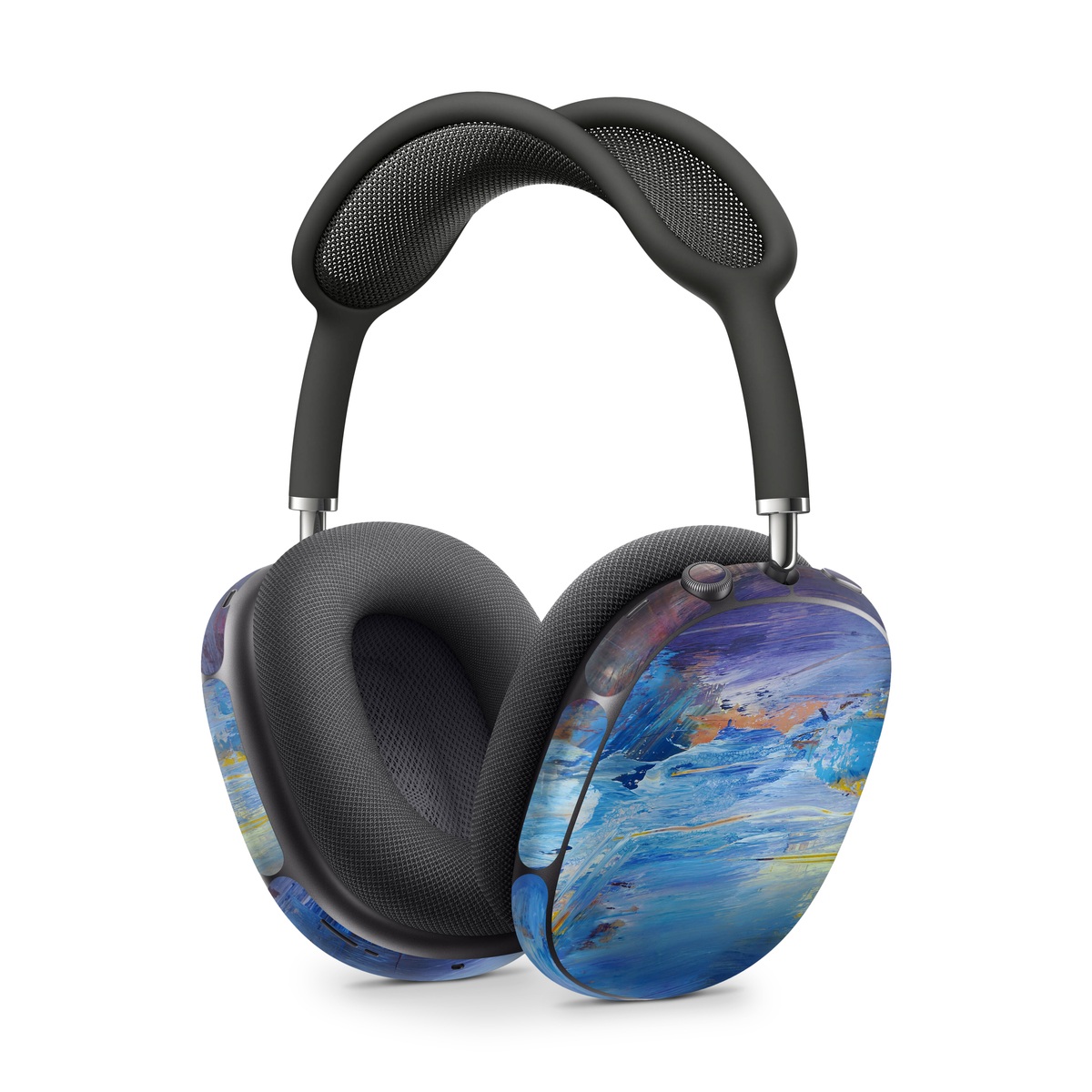 Apple AirPods Max Skin design of Painting, Blue, Modern art, Acrylic paint, Sky, Watercolor paint, Art, Visual arts, Paint, Electric blue, with blue, purple, yellow, brown, orange, black colors
