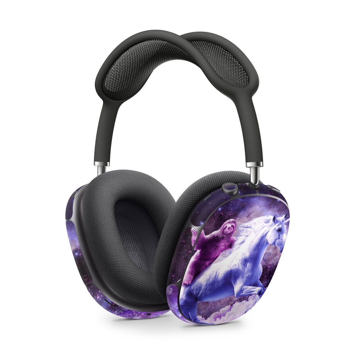 Apple AirPods Max Skin design of Purple, Unicorn, Fictional character, Violet, Mythical creature, Illustration, Sky, Graphic design, Space, Constellation, with black, white, blue, purple, gray, brown colors