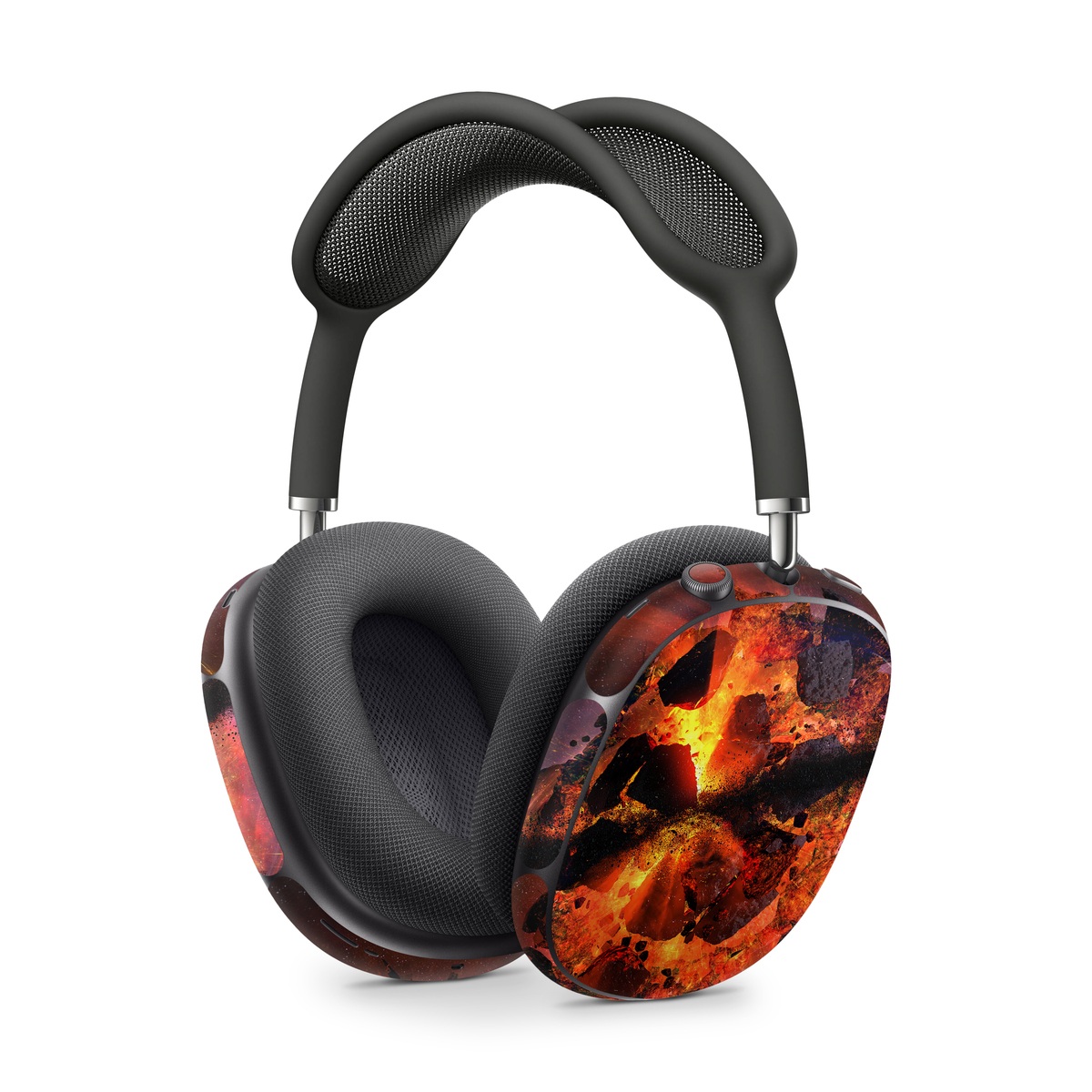 Apple AirPods Max Skin design of Flame, Heat, Fire, Space, Atmosphere, Charcoal, Explosion, Geological phenomenon, Ash, Graphics, with black, red colors