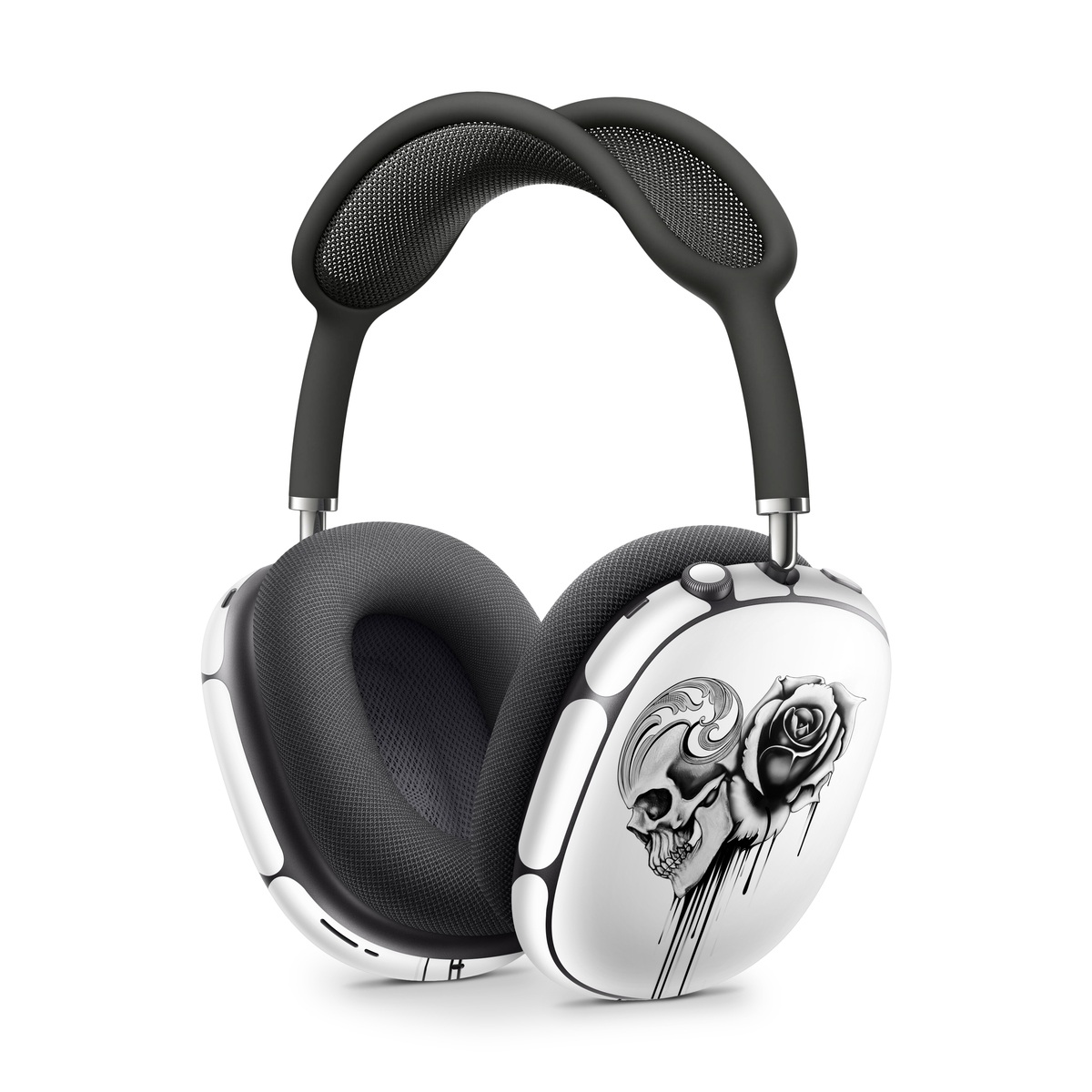 Apple AirPods Max Skin design of Black-and-white, Illustration, Monochrome, Rose, Plant, Style, Metal, Drawing, with white, black, gray colors