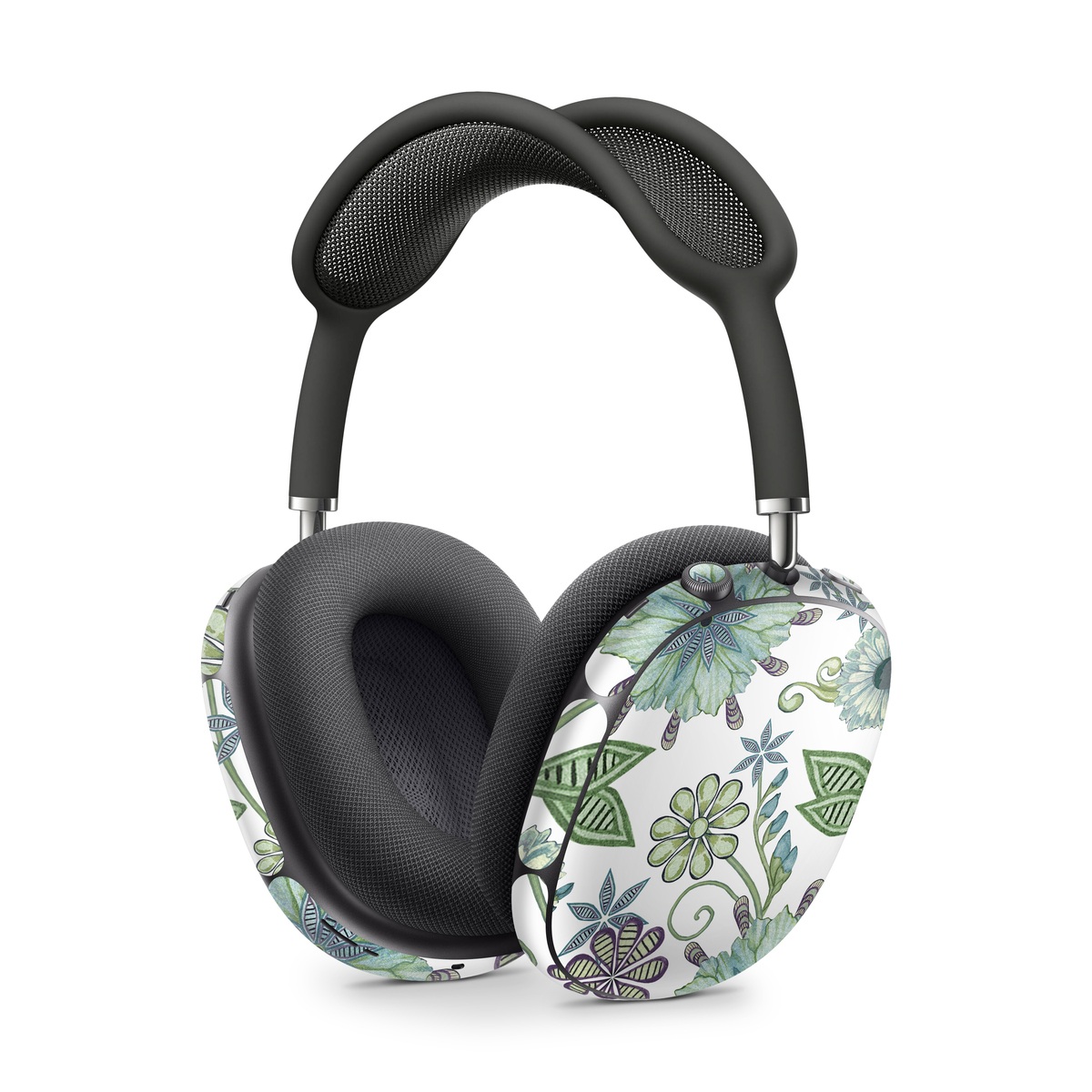 Apple AirPods Max Skin design of Green, Pattern, Flower, Botany, Plant, Leaf, Design, Wildflower, with white, green, blue colors