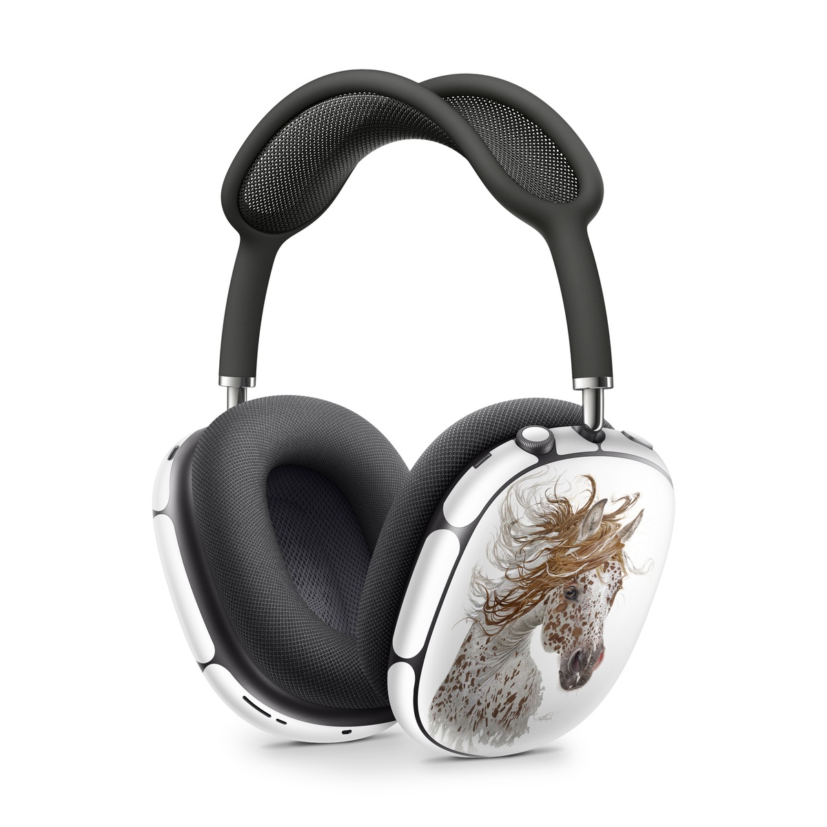 Apple AirPods Max Skin design of Horse, Mane, Mustang horse, Illustration, Snout, Animal figure, Drawing, Stallion, Liver, Mare, with white, brown colors