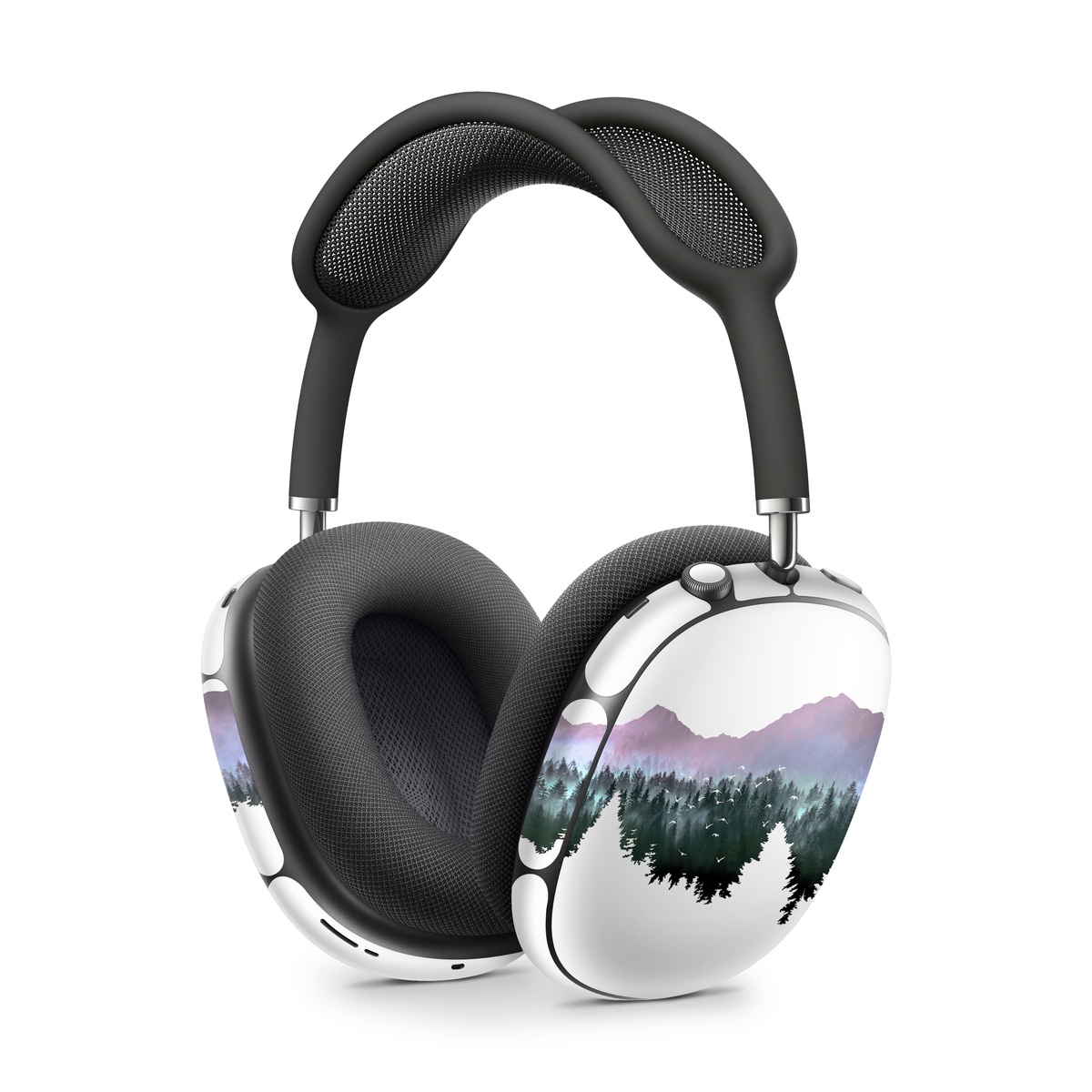 Apple AirPods Max Skin design of Nature, Mountainous landforms, Mountain, Atmospheric phenomenon, Tree, Wilderness, Sky, Mountain range, Forest, Hill, with white, black, purple, blue, green colors
