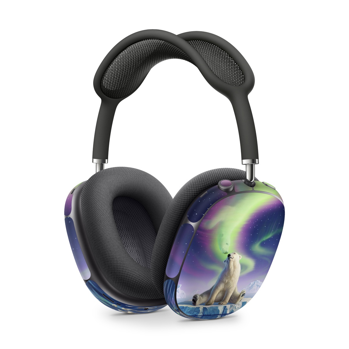 Apple AirPods Max Skin design of Aurora, Sky, Wildlife, Polar bear, Fictional character, with white, blue, green, purple colors