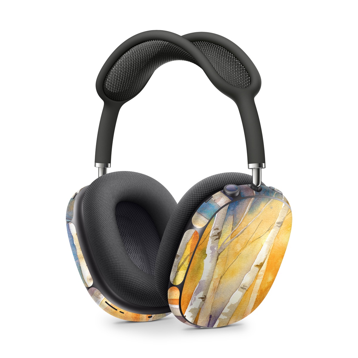 Apple AirPods Max Skin design of Canoe birch, Watercolor paint, Tree, Birch, Woody plant, Painting, Plant, Birch family, Paint, Trunk, with orange, yellow, green, white, purple, blue colors