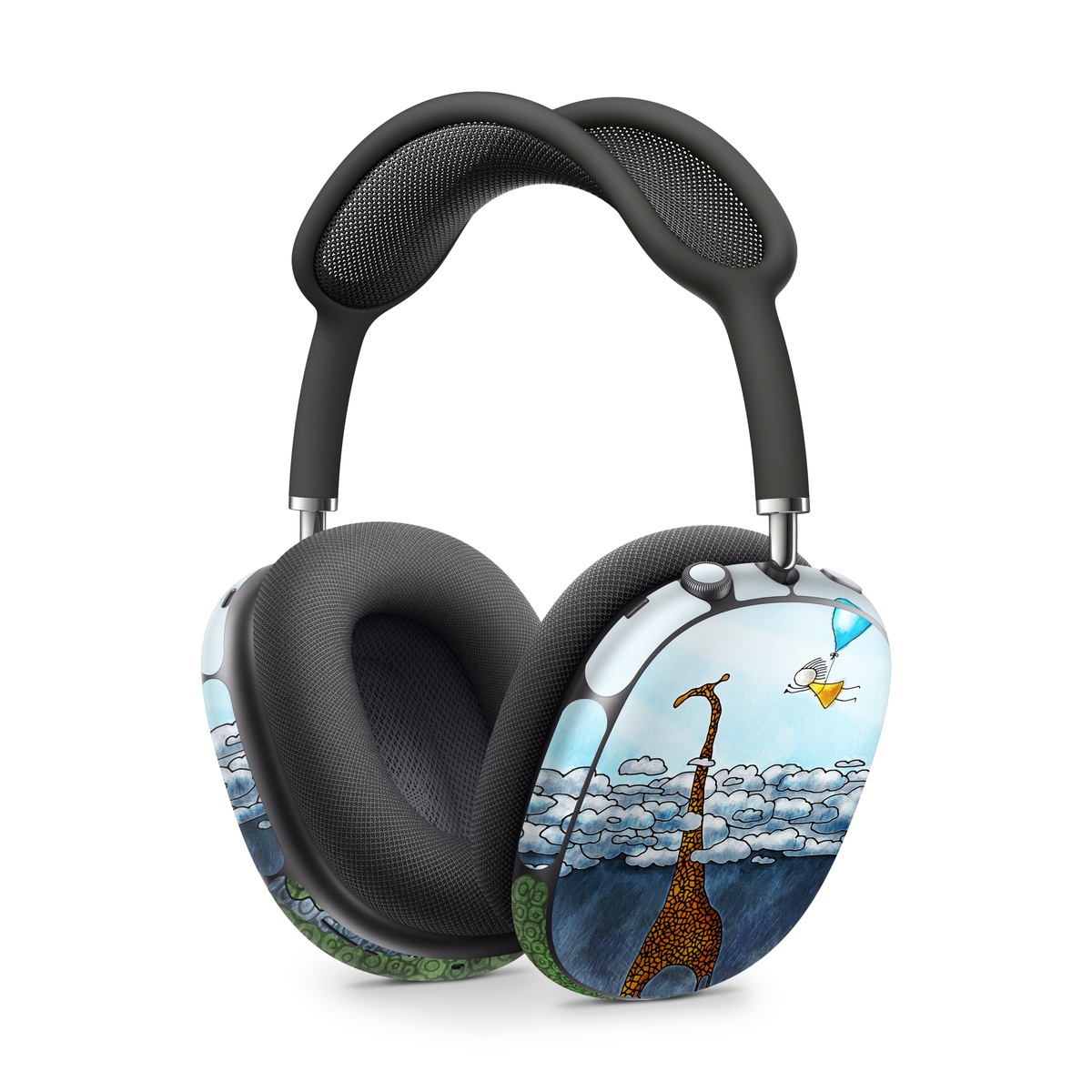 Apple AirPods Max Skin design of Giraffe, Sky, Tree, Water, Branch, Giraffidae, Illustration, Cloud, Grassland, Bird, with blue, gray, yellow, green colors