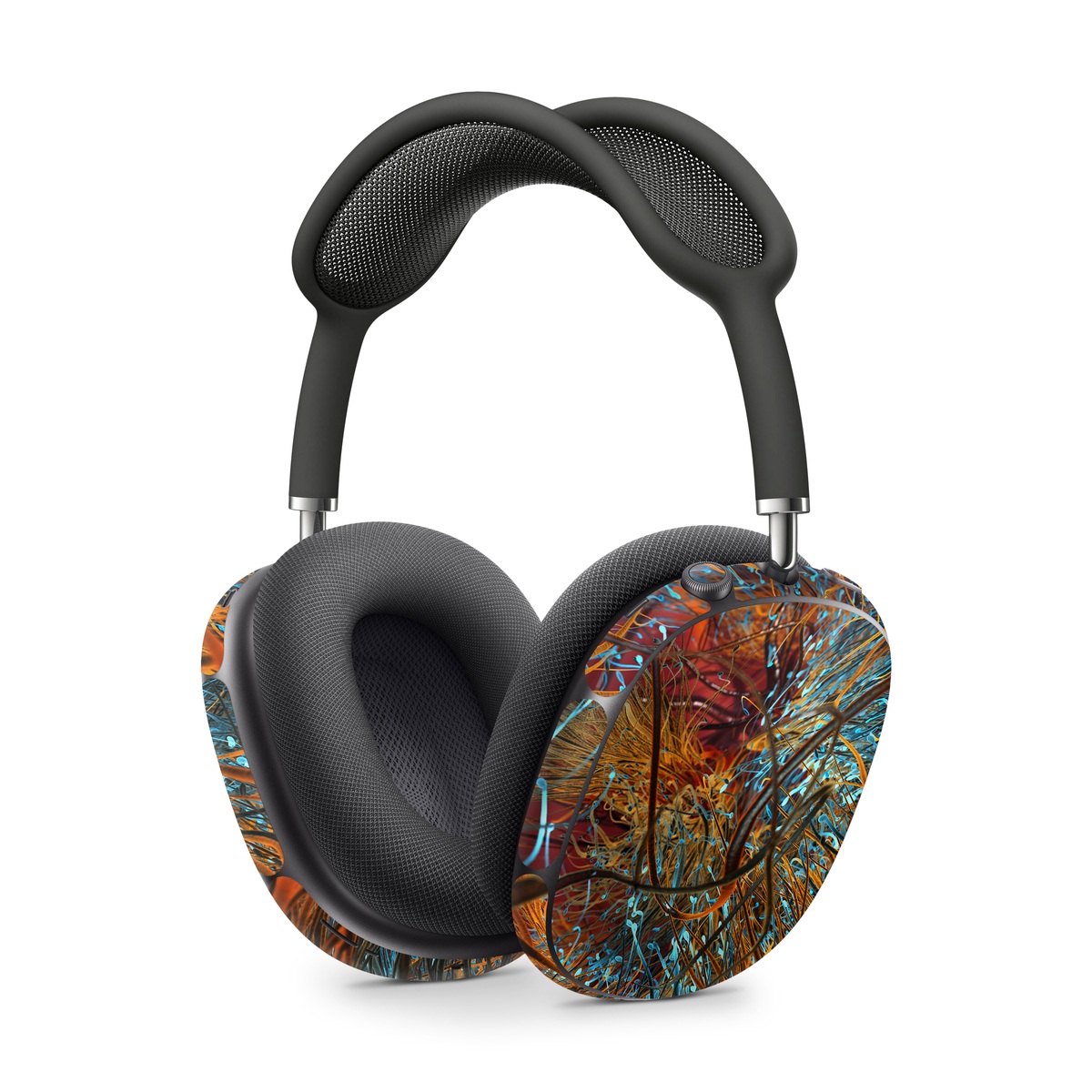 Apple AirPods Max Skin design of Orange, Tree, Electric blue, Organism, Fractal art, Plant, Art, Graphics, Space, Psychedelic art, with orange, blue, red, yellow, purple colors