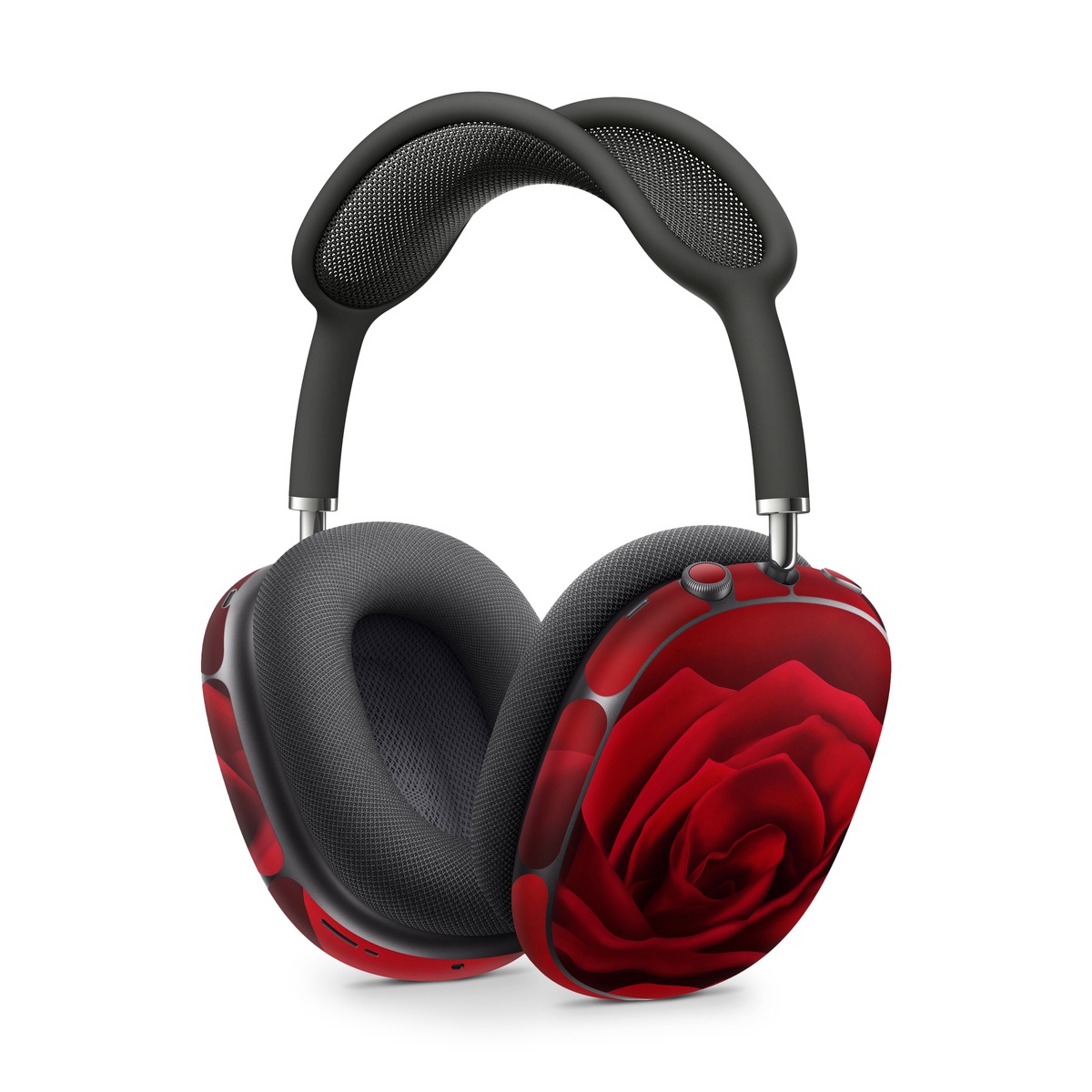 Apple AirPods Max Skin design of Red, Garden roses, Rose, Petal, Flower, Nature, Floribunda, Rose family, Close-up, Plant, with black, red colors
