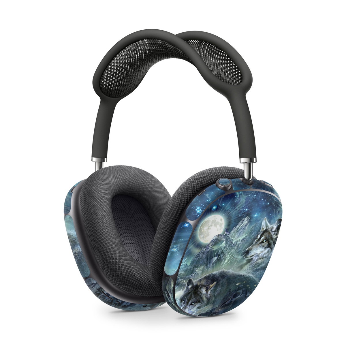 Apple AirPods Max Skin design of Cg artwork, Fictional character, Darkness, Werewolf, Illustration, Wolf, Mythical creature, Graphic design, Dragon, Mythology, with black, blue, gray, white colors