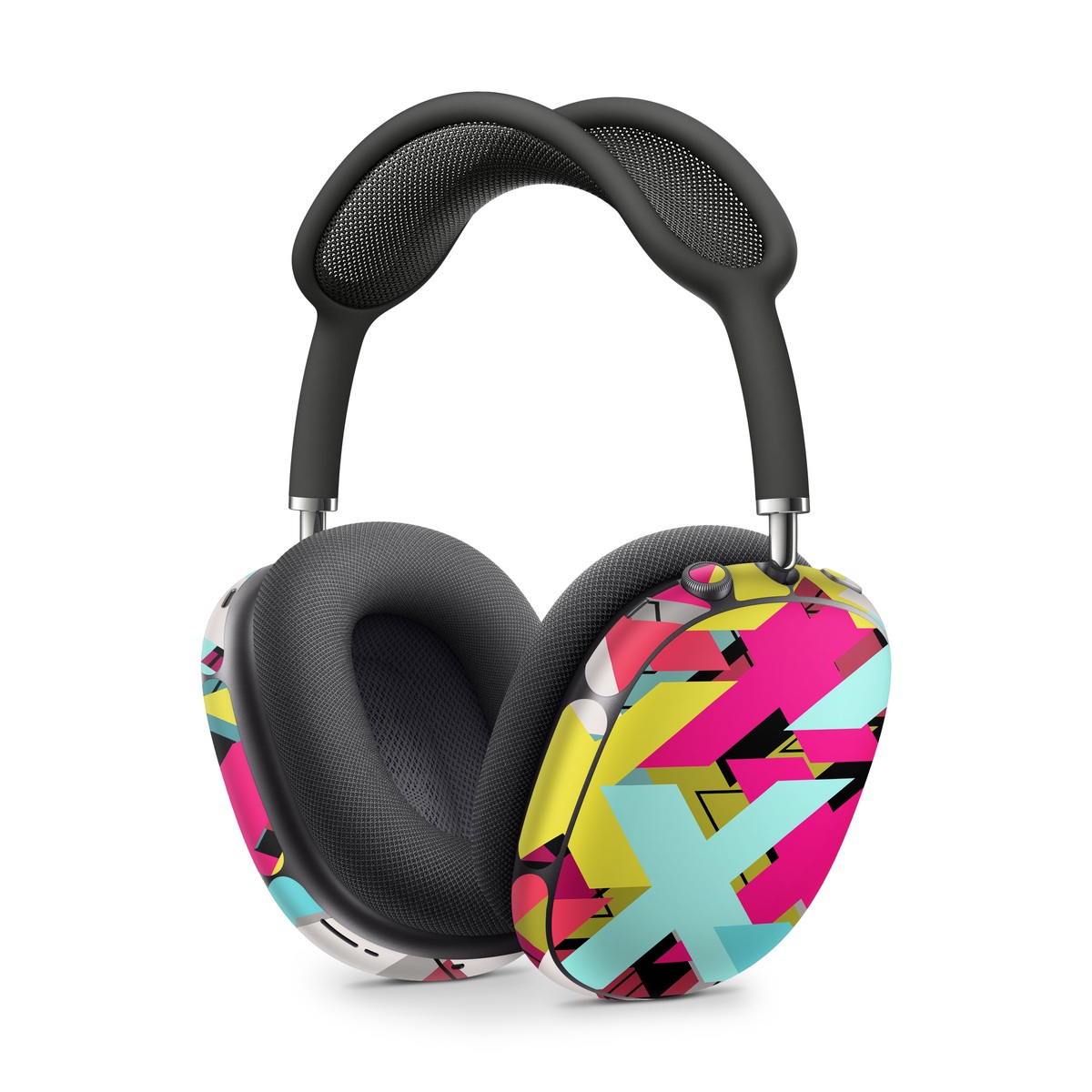 Apple AirPods Max Skin design of Pattern, Graphic design, Line, Design, Triangle, Font, Illustration, Magenta, Visual arts, with yellow, blue, white, black, red, pink colors