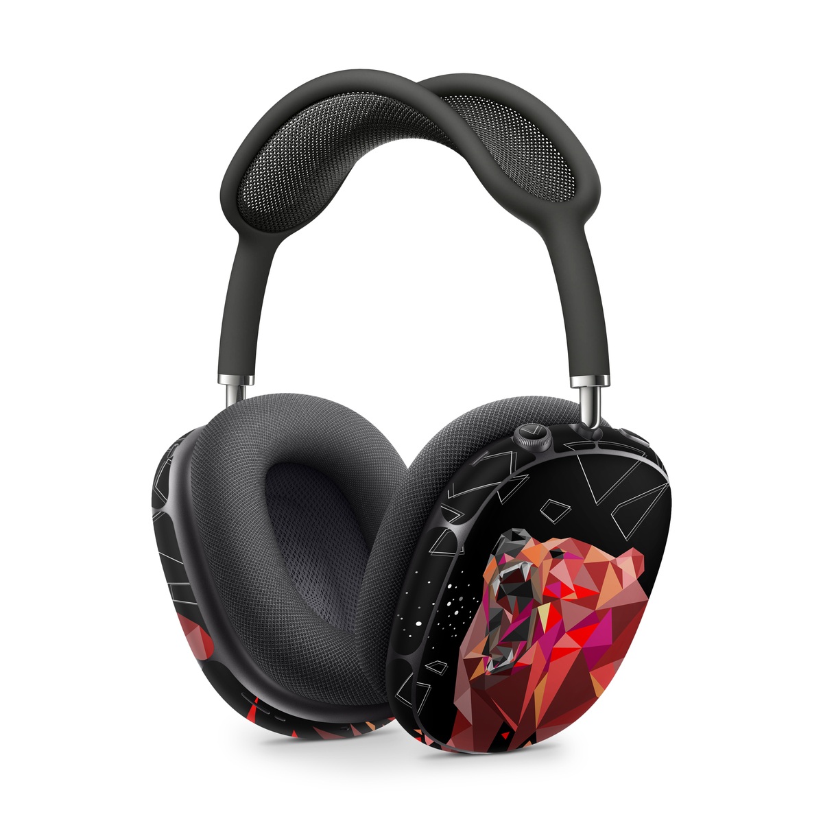 Apple AirPods Max Skin design of Graphic design, Triangle, Font, Illustration, Design, Art, Visual arts, Graphics, Pattern, Space, with black, red colors