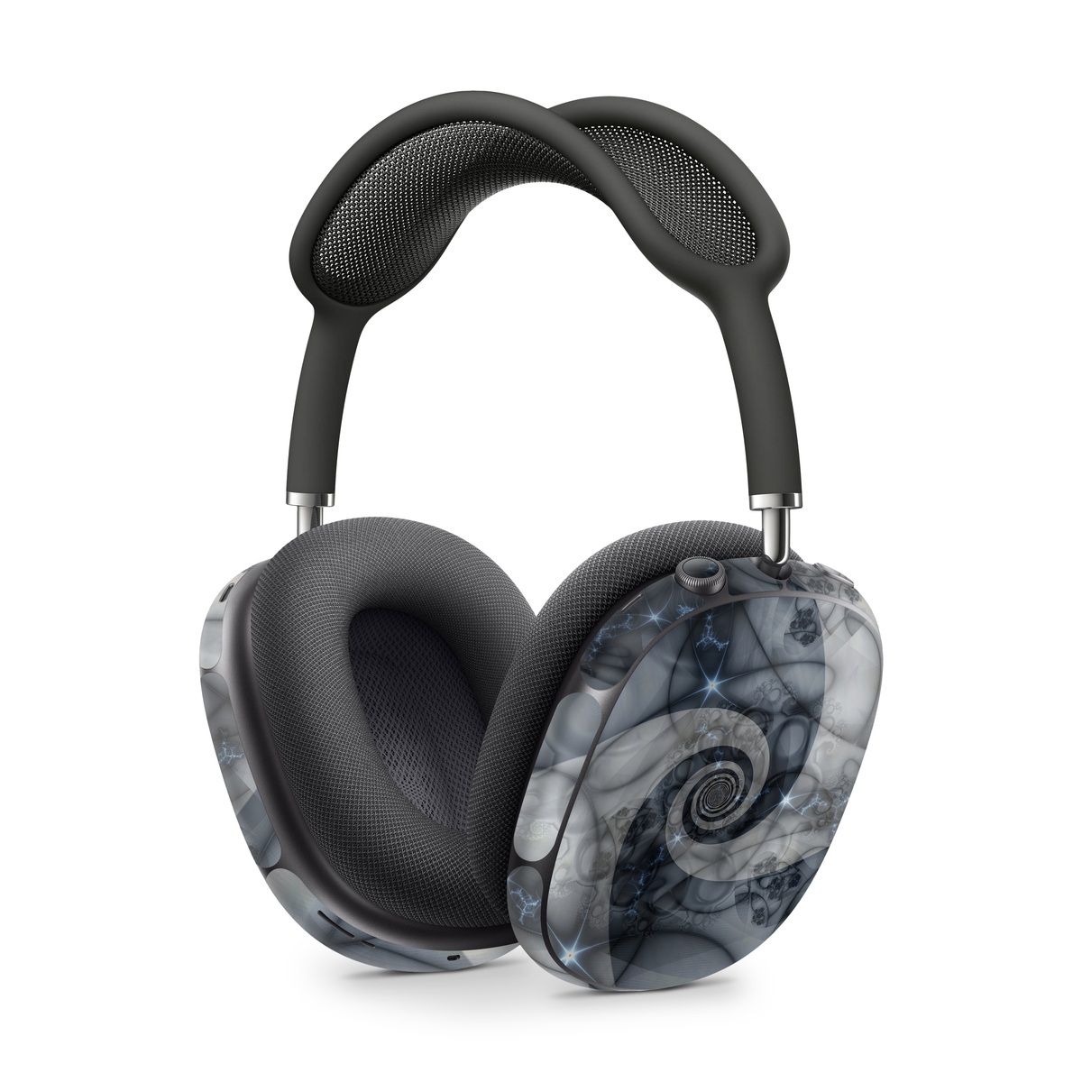 Apple AirPods Max Skin design of Eye, Drawing, Black-and-white, Design, Pattern, Art, Tattoo, Illustration, Fractal art, with black, gray colors