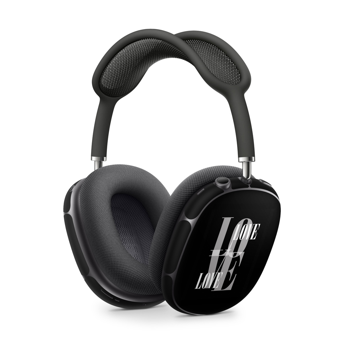 Apple AirPods Max Skin design of Gesture, Font, Sleeve, Darkness, Logo, Brand, Graphics, Illustration, Terrestrial animal, Art, with black, white, gray colors