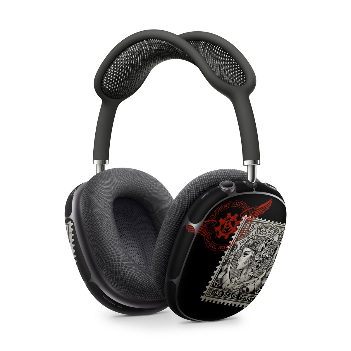 Apple AirPods Max Skin design of Font, Postage stamp, Illustration, Drawing, Art, with black, gray, red colors