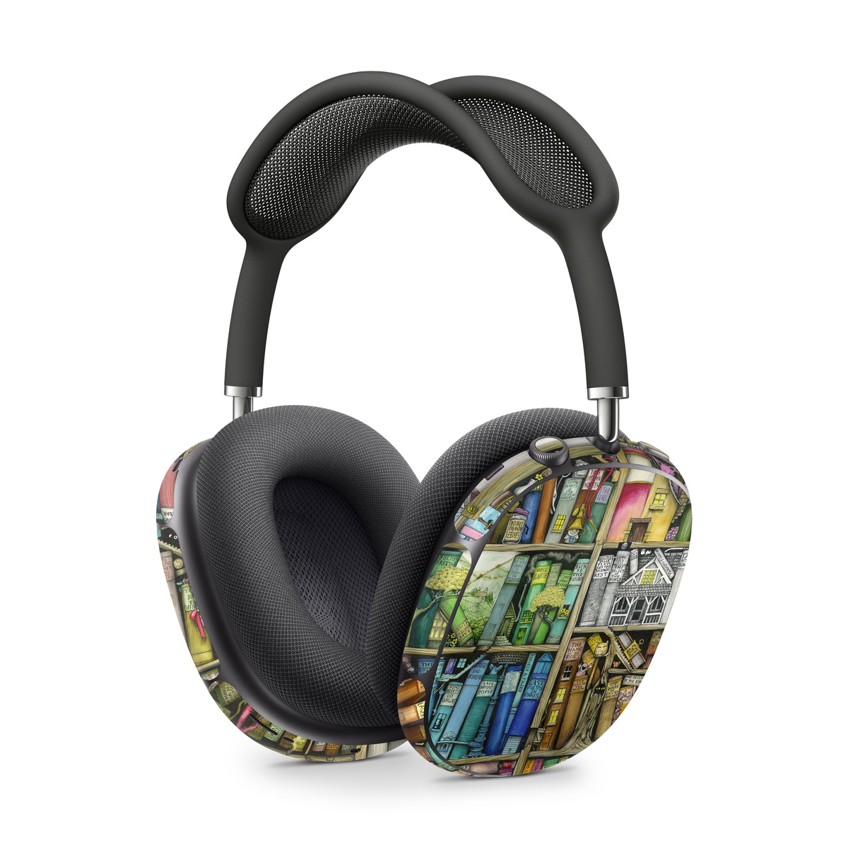 Apple AirPods Max Skin design of Collection, Art, Visual arts, Bookselling, Shelving, Painting, Building, Shelf, Publication, Modern art, with brown, green, blue, red, pink colors