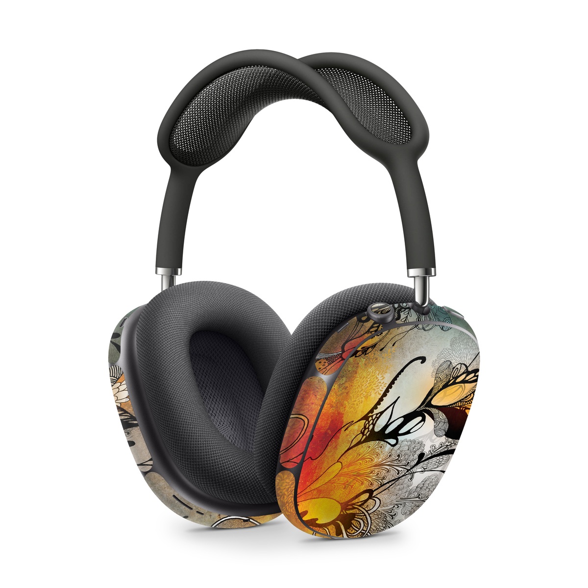 Apple AirPods Max Skin design of Yellow, Orange, Art, Branch, Leaf, Graphic design, Visual arts, Pattern, Design, Modern art, with black, red, orange, yellow colors