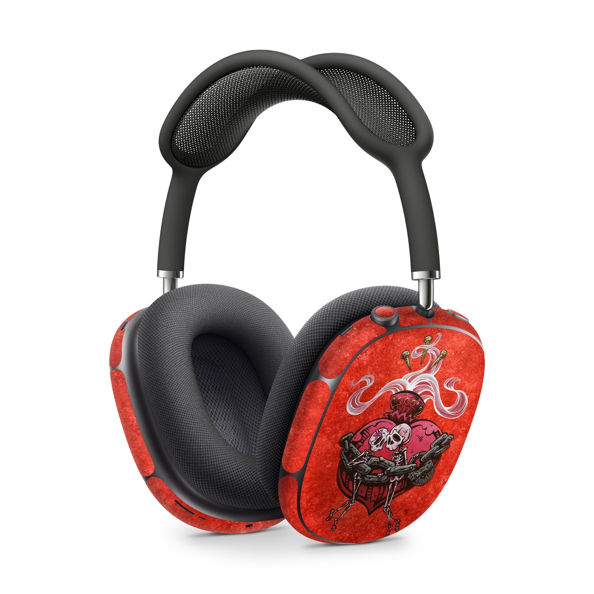 Apple AirPods Max Skin design of Orange, Art, Font, Sleeve, Tints and shades, Symbol, Pattern, Logo, Magenta, Graphics, with black, red, white, gray colors