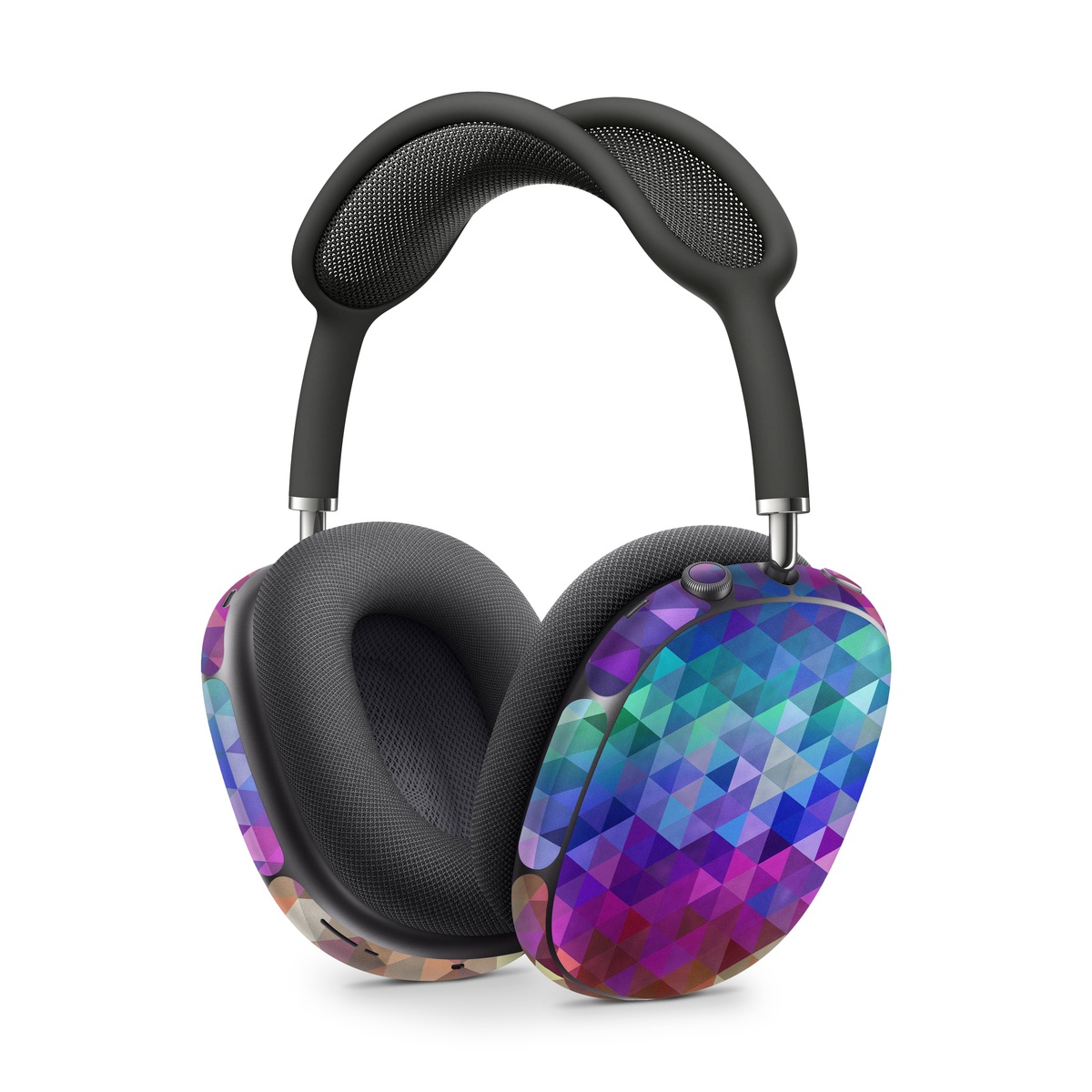 Apple AirPods Max Skin design of Purple, Violet, Pattern, Blue, Magenta, Triangle, Line, Design, Graphic design, Symmetry, with blue, purple, green, red, pink colors