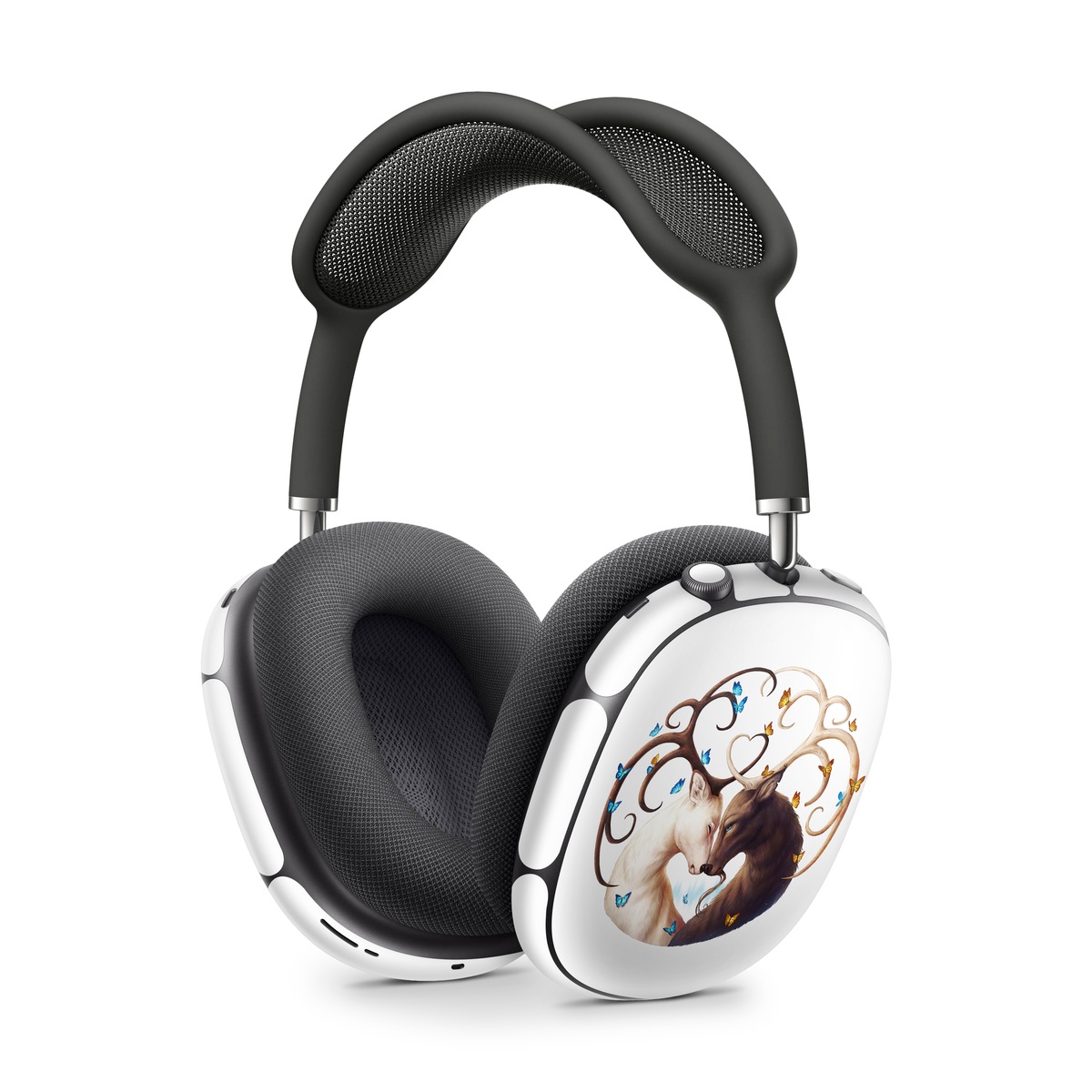 Apple AirPods Max Skin design of Gesture, Fawn, Serveware, Horn, Font, Art, Mythical creature, Dishware, Tail, Drinkware, with white, brown, blue, yellow, orange colors