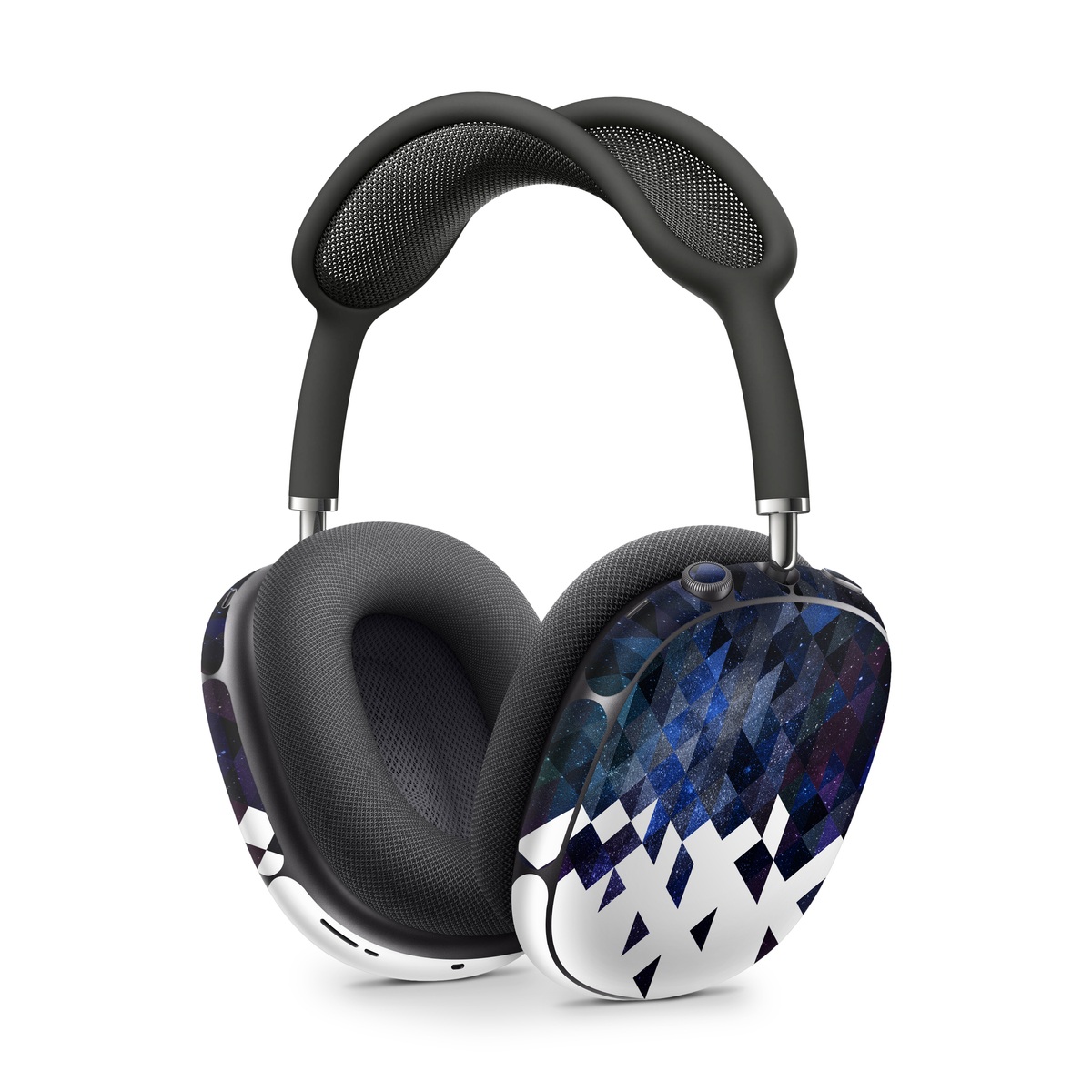 Apple AirPods Max Skin design of Text, Pattern, Graphic design, Font, Purple, Design, Line, Triangle, Logo, Graphics, with black, blue, white colors