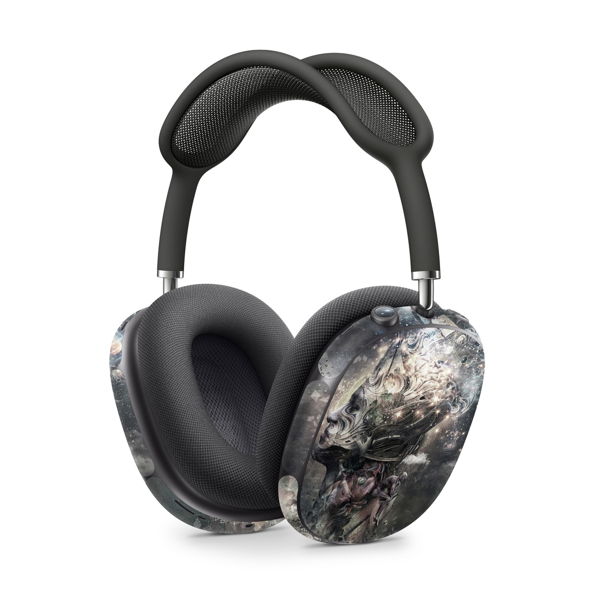 Apple AirPods Max Skin design of Space, Cg artwork, Art, Sky, Darkness, Illustration, Graphic design, Outer space, Graphics, Animation, with white, black, gray, yellow colors