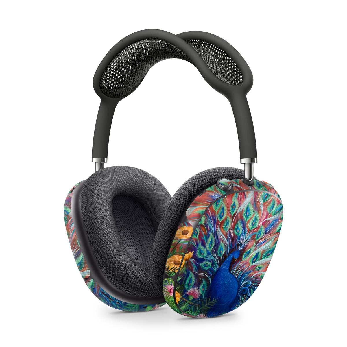 Apple AirPods Max Skin design of Painting, Acrylic paint, Bird, Child art, Art, Galliformes, Peafowl, Visual arts, Watercolor paint, Plant, with black, red, gray, blue, green colors