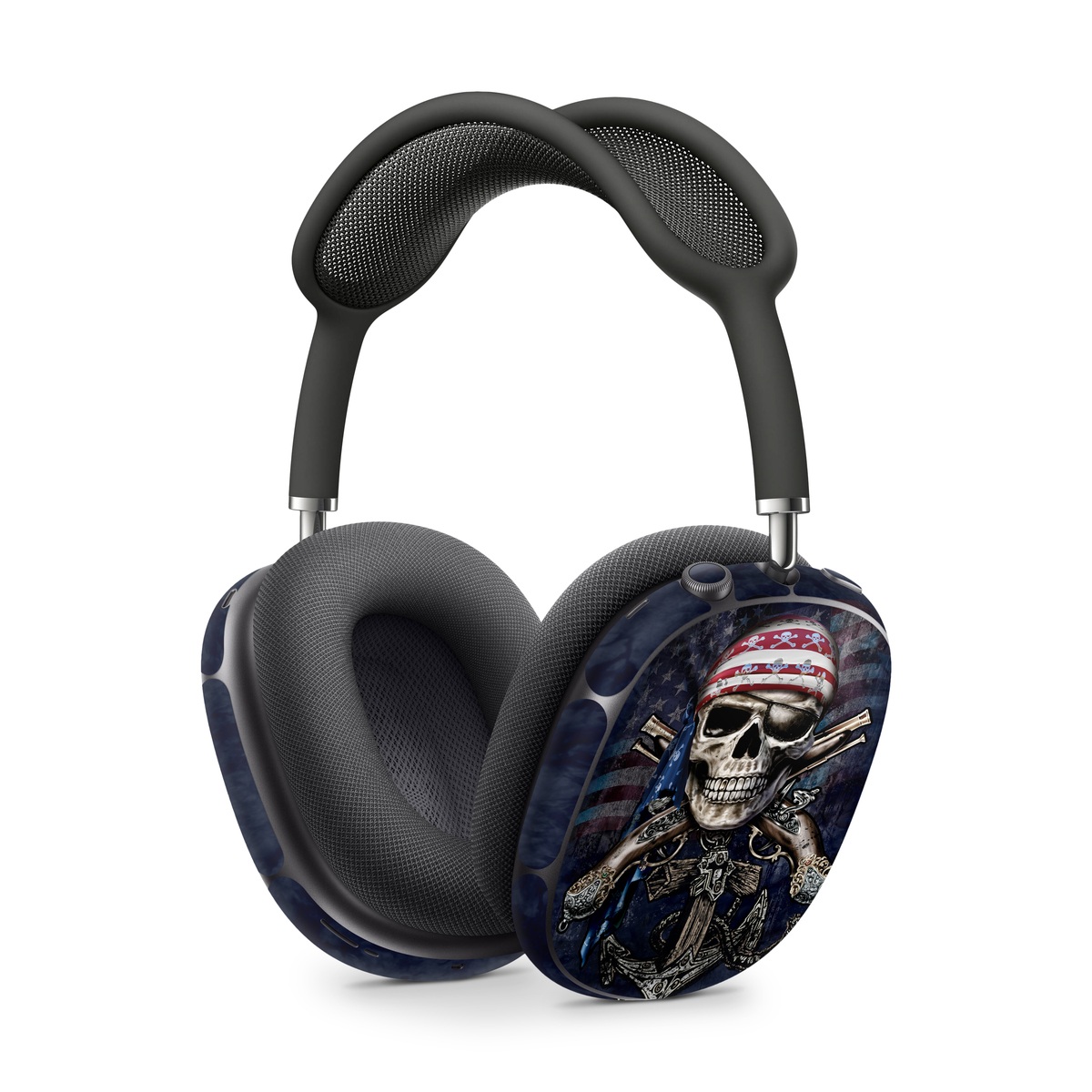 Apple AirPods Max Skin design of Skull, Bone, Skeleton, Illustration, Outerwear, T-shirt, Flag, Art, with black, gray, red colors