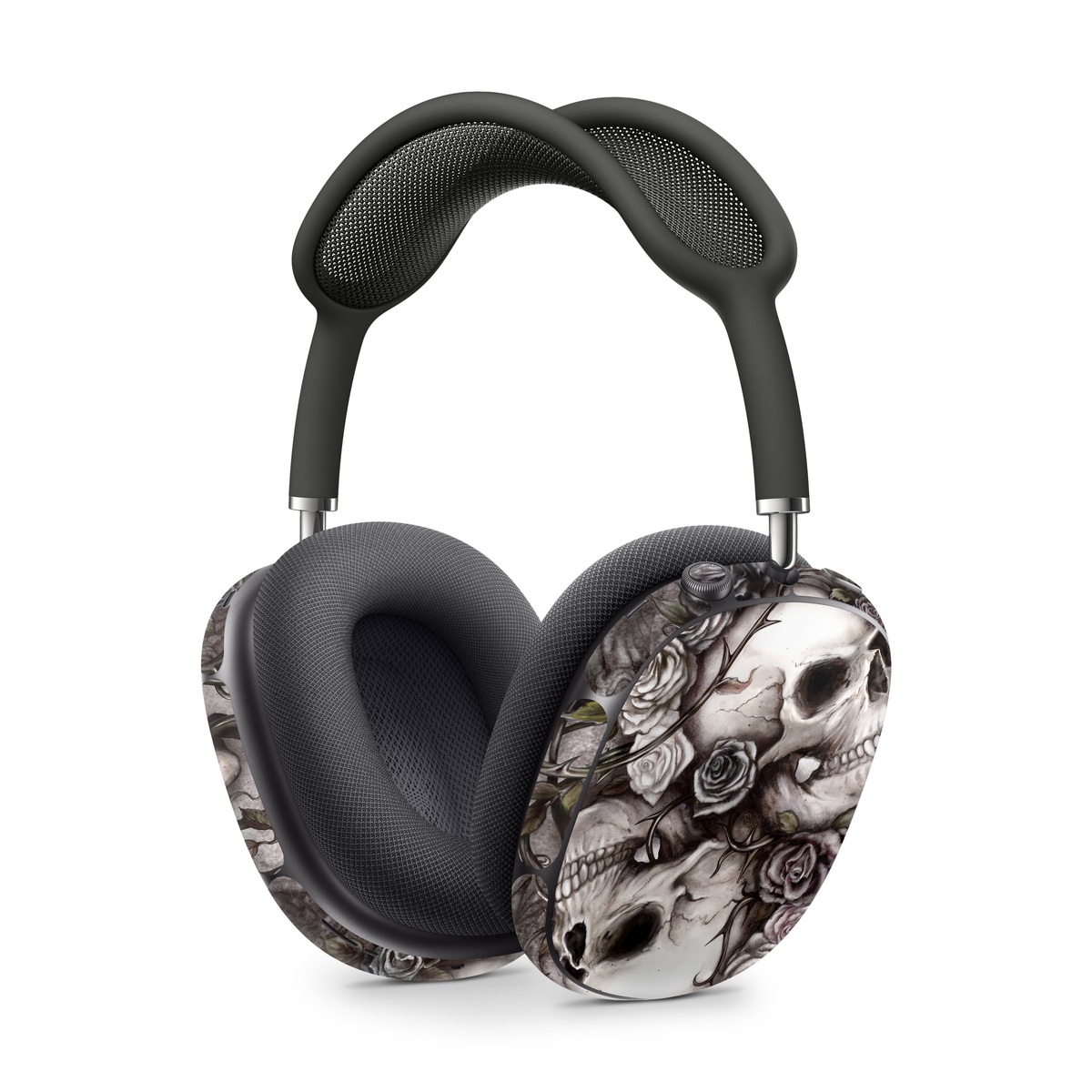 Apple AirPods Max Skin design of Skull, Bone, Illustration, Font, Still life photography, Photography, Still life, Art, Monochrome, Circle, with black, white, brown, pink colors