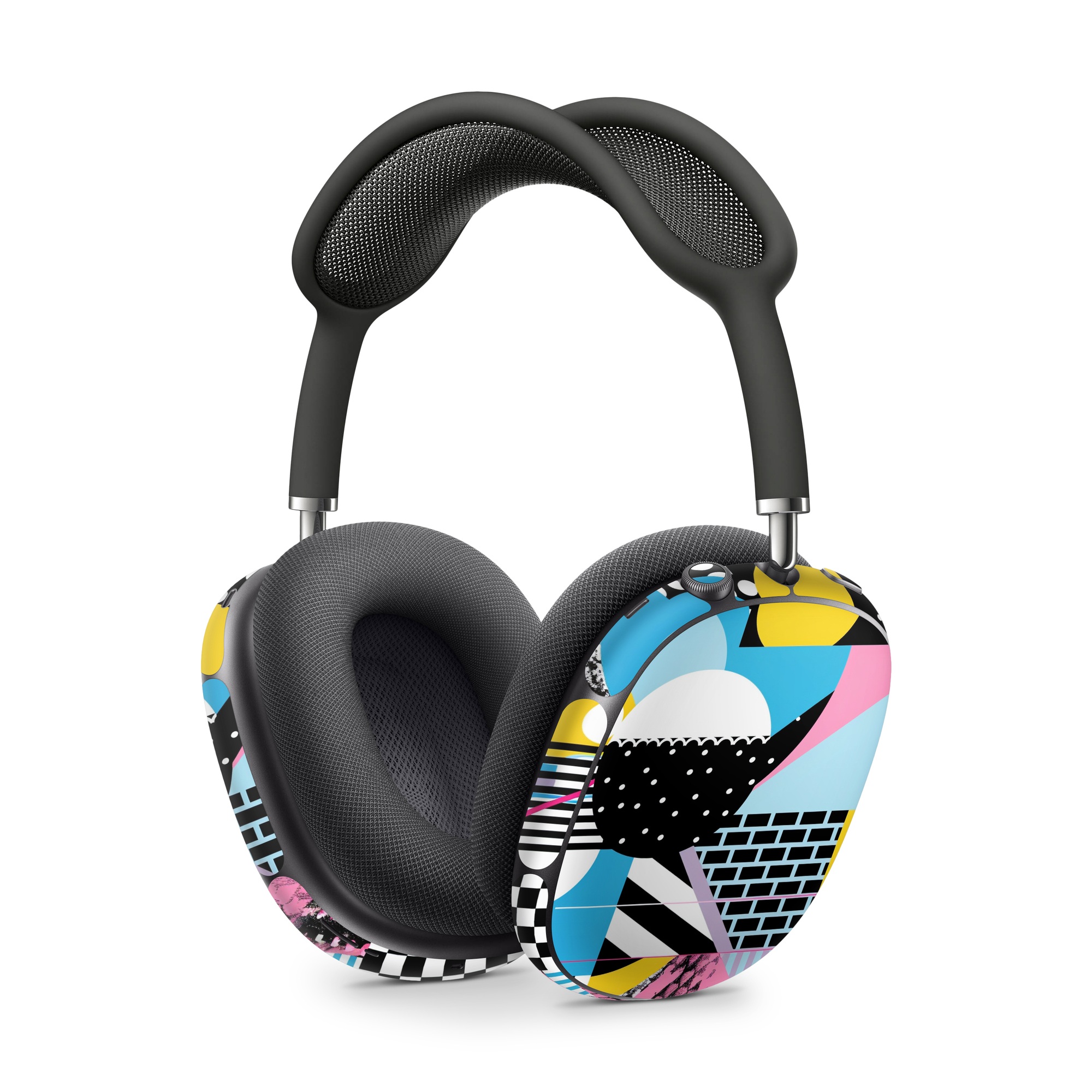 Apple AirPods Max Skin design of White, Yellow, Art, Font, Pattern, Circle, Design, Creative arts, Graphics, Electric blue, with blue, pink, white, black, yellow colors