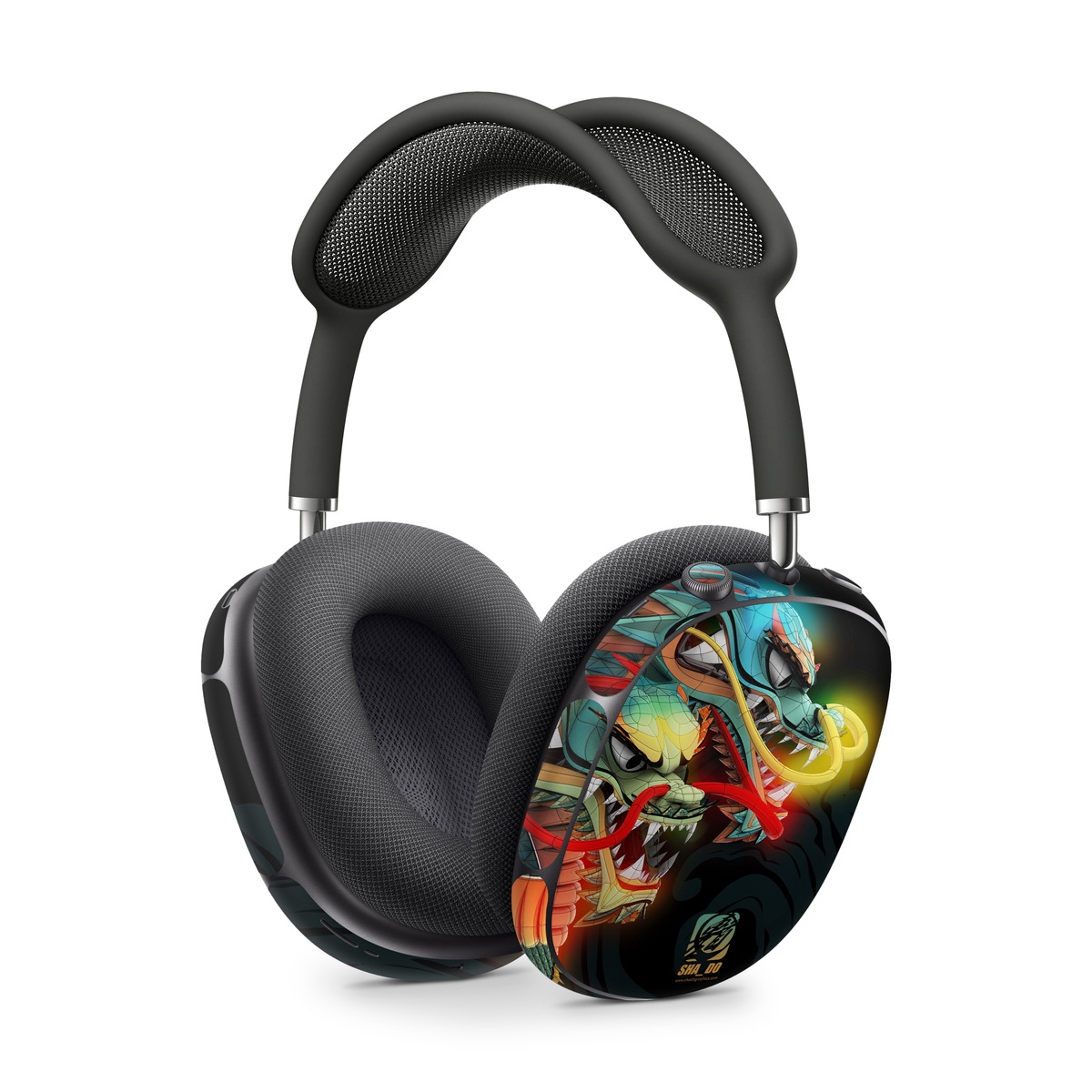 Apple AirPods Max Skin design of Dragon, Fictional character, Illustration, Art, Cg artwork, Fiction, Mythical creature, Graphics, with black, green, red, yellow, orange colors