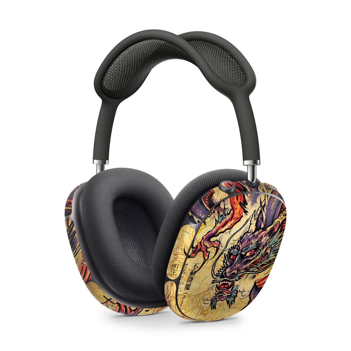 Apple AirPods Max Skin design of Illustration, Fictional character, Art, Demon, Drawing, Visual arts, Dragon, Supernatural creature, Mythical creature, Mythology, with black, green, red, gray, pink, orange colors