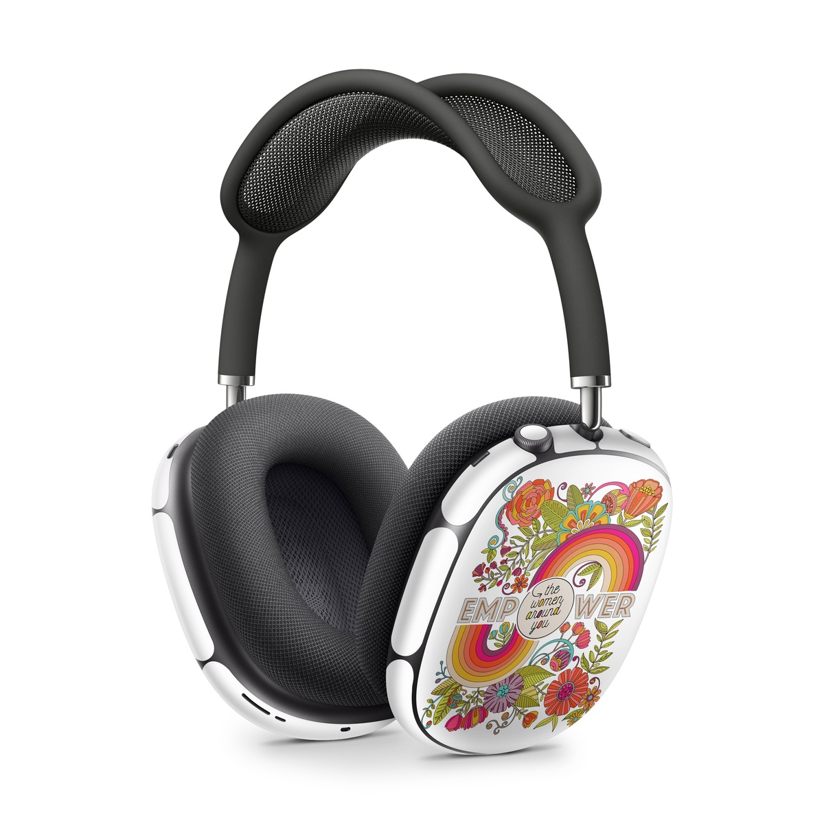 Apple AirPods Max Skin design of Botany, Flower, Font, Creative arts, Petal, Circle, Pattern, Art, Visual arts, Floral design, with white, red, yellow, orange, green, blue colors