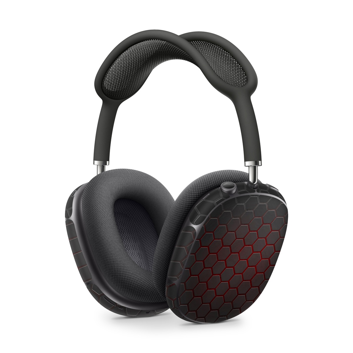 Apple AirPods Max Skin design of Black, Pattern, Metal, Design, Mesh, Carbon, Space, Wallpaper, with black, red colors