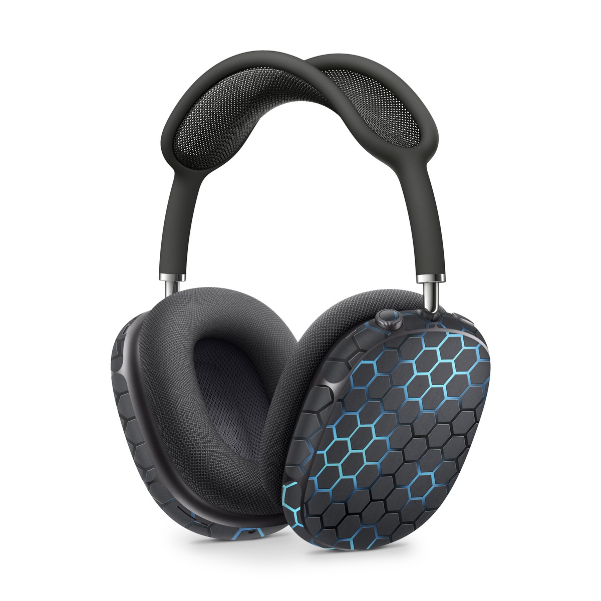 Apple AirPods Max Skin design of Pattern, Water, Design, Circle, Metal, Mesh, Sphere, Symmetry, with black, gray, blue colors