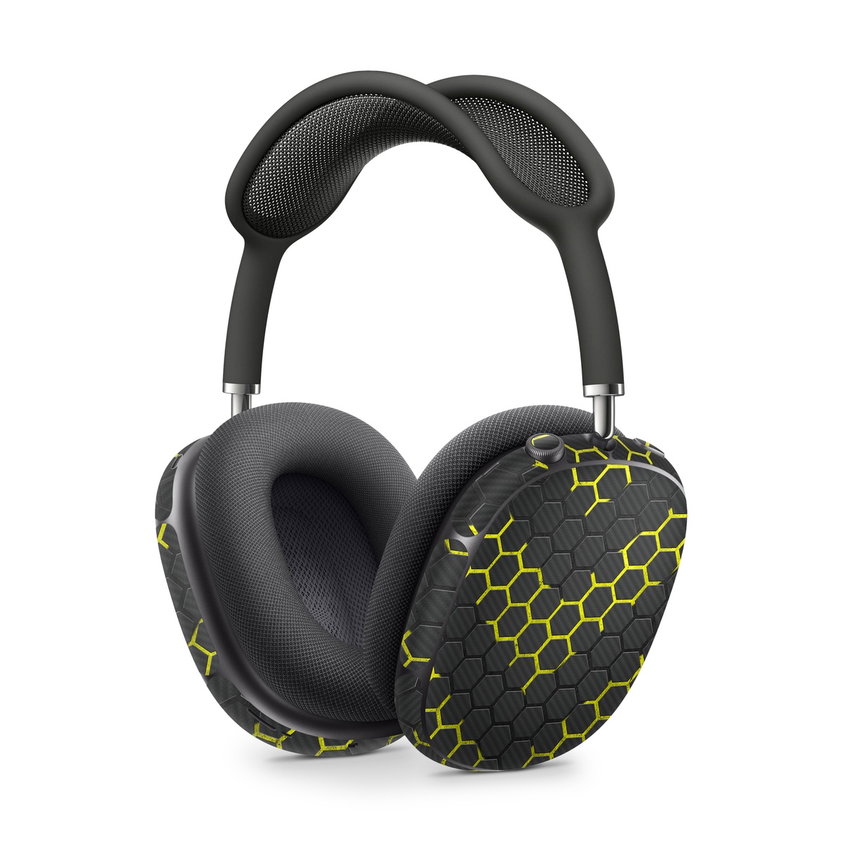 Apple AirPods Max Skin design of Black, Pattern, Yellow, Mesh, Net, Chain-link fencing, Design, Metal, with black, gray, yellow colors