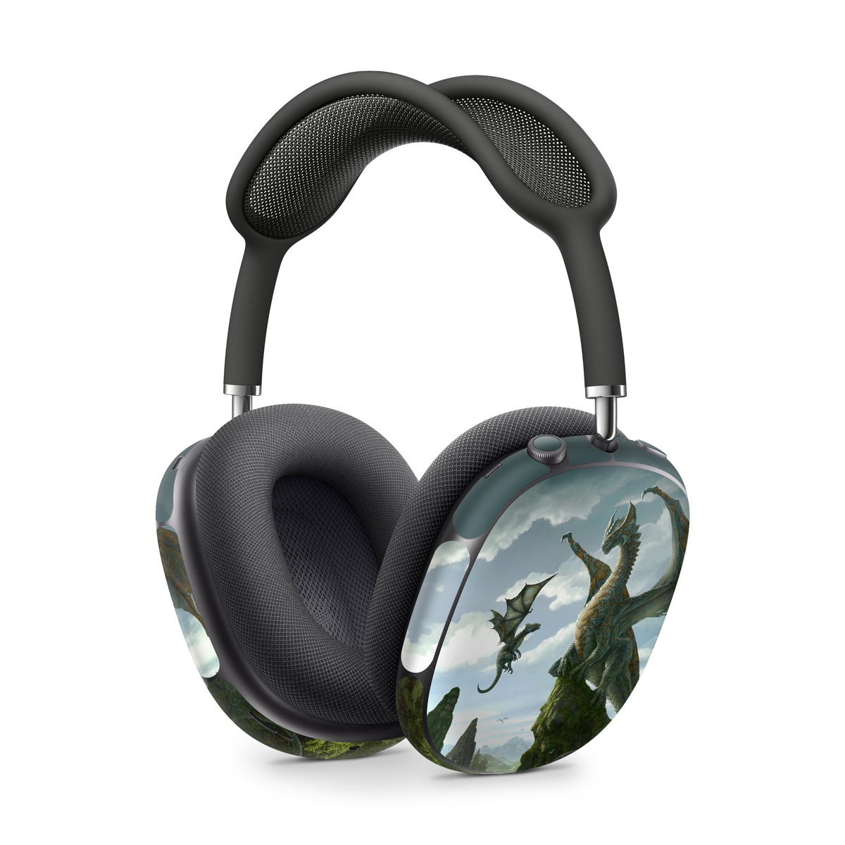 Apple AirPods Max Skin design of Dragon, Cg artwork, Fictional character, Mythical creature, Mythology, Extinction, Cryptid, Illustration, Games, Massively multiplayer online role-playing game, with black, gray, blue, white, purple colors