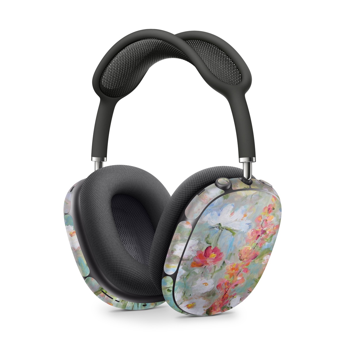 Apple AirPods Max Skin design of Flower, Painting, Watercolor paint, Plant, Modern art, Wildflower, Botany, Meadow, Acrylic paint, Flowering plant, with gray, black, green, red, blue colors