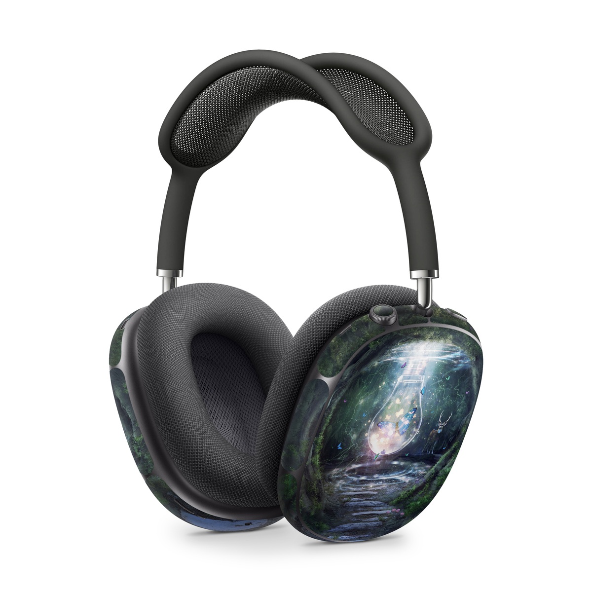 Apple AirPods Max Skin design of Nature, Green, Darkness, Natural environment, Light, Infrastructure, Tunnel, Tree, Forest, Art, with white, black, brown, green, blue, yellow colors