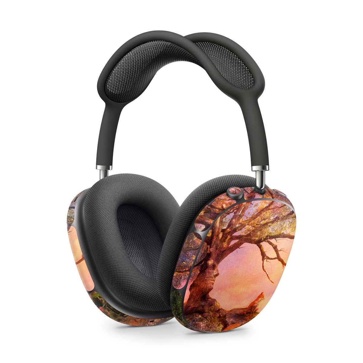 Apple AirPods Max Skin design of Nature, Tree, Sky, Natural landscape, Branch, Leaf, Woody plant, Trunk, Landscape, Plant, with pink, red, black, green, gray, orange colors