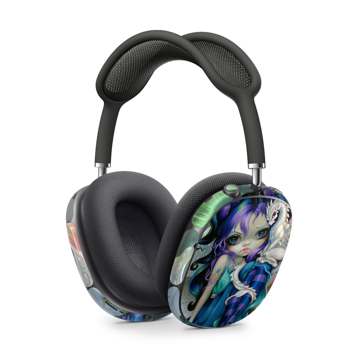 Apple AirPods Max Skin design of Illustration, Fictional character, Cg artwork, Art, Mythology, Anime, Mythical creature, with green, blue, purple, yellow, red, white colors