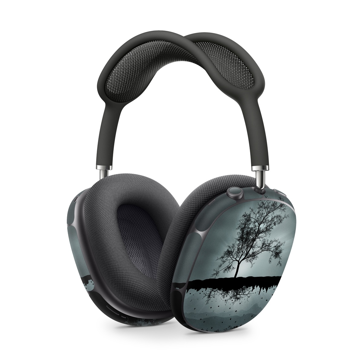 Apple AirPods Max Skin design of Reflection, Sky, Nature, Water, Black, Tree, Black-and-white, Monochrome photography, Natural landscape, Atmospheric phenomenon, with black, gray, blue colors